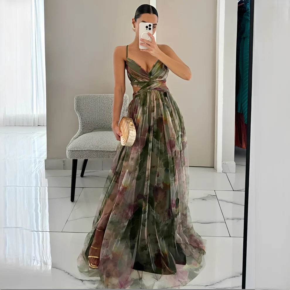Rose - Robe longue à motif floral